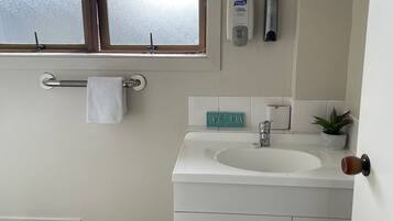 A bathroom with a window, a hand sanitizer dispenser, a sink, and a small potted plant.