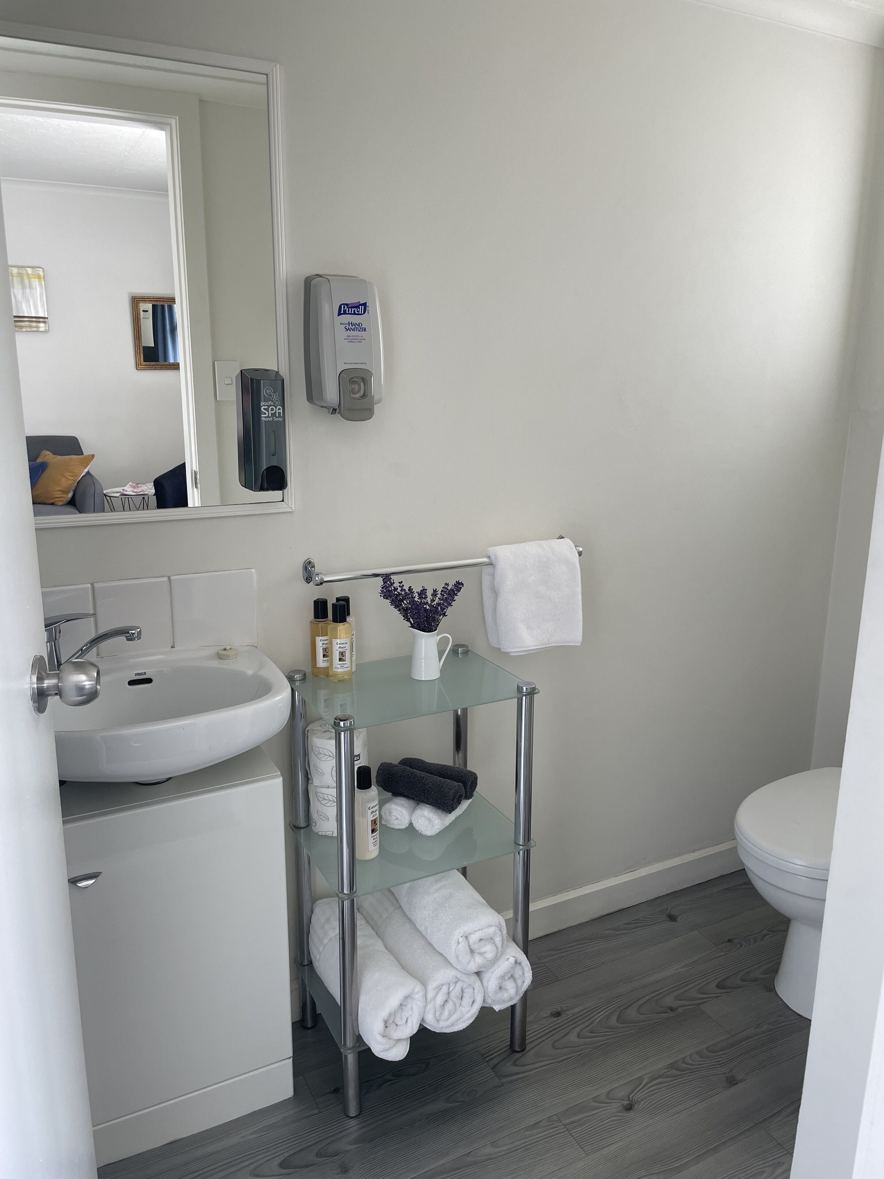 Ein modernes Badezimmer mit einem weißen Waschbecken, einer Glasablage für Handtücher und einem Handdesinfektionsmittelspender.