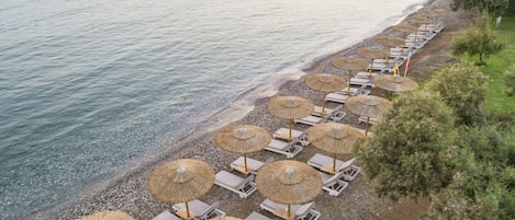 On the beach, sun-loungers, beach umbrellas, beach towels