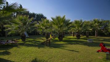 Relax in a spacious outdoor area surrounded by palm trees and a play structure.
