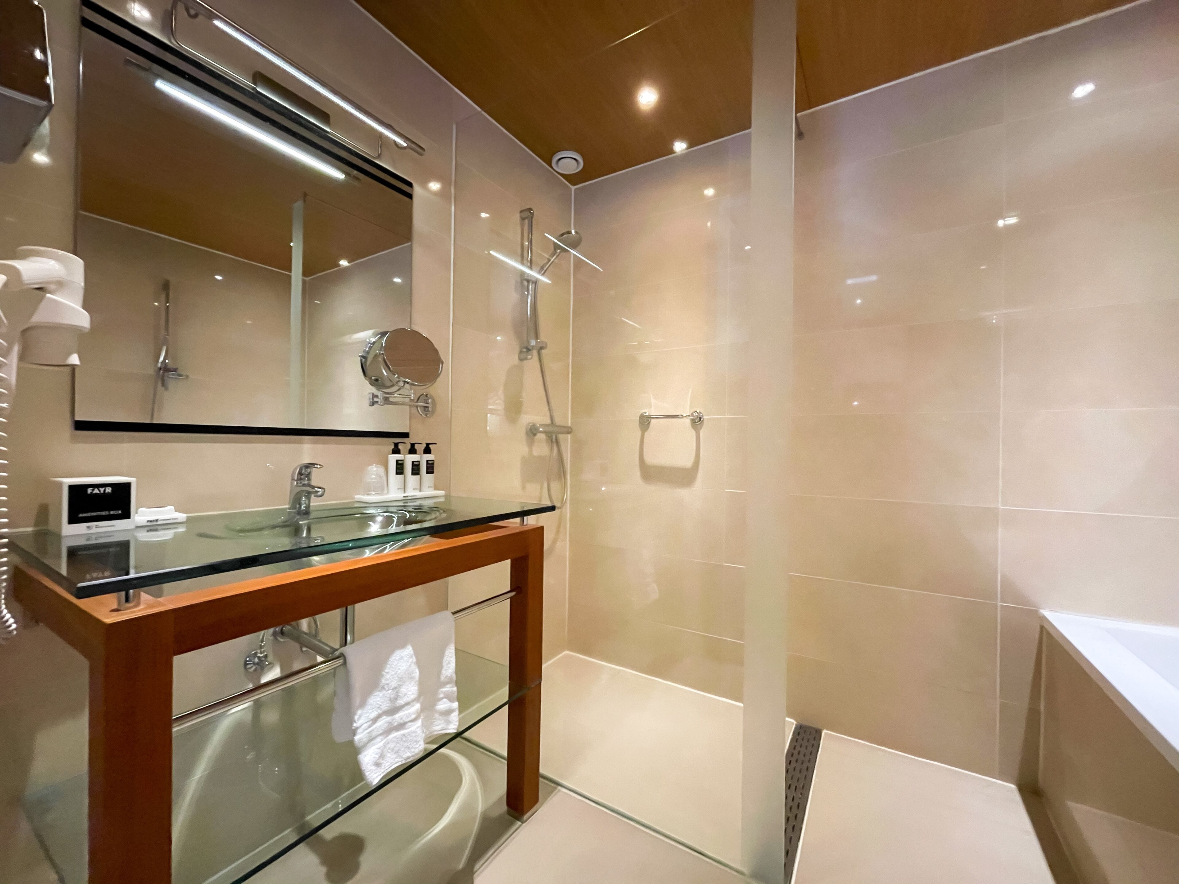 hair dryer, towels, soap, shampoo