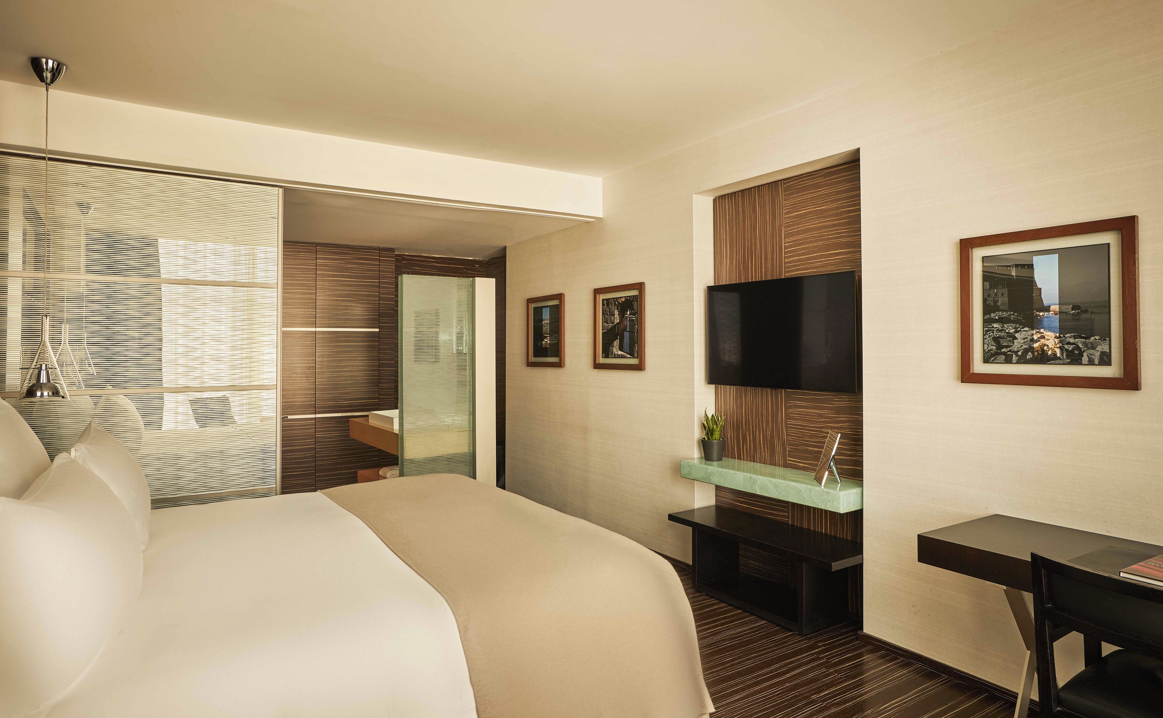 A hotel room with a bed, a desk, a television, and a bathroom.