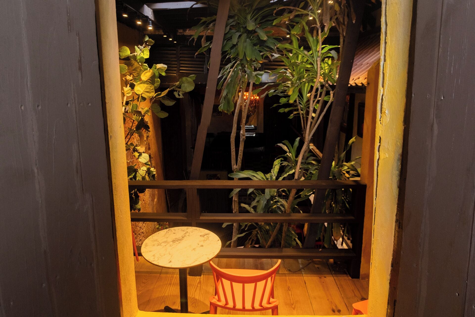 A small wooden table with a single chair in a dimly lit outdoor area, surrounded by plants and a wooden fence.