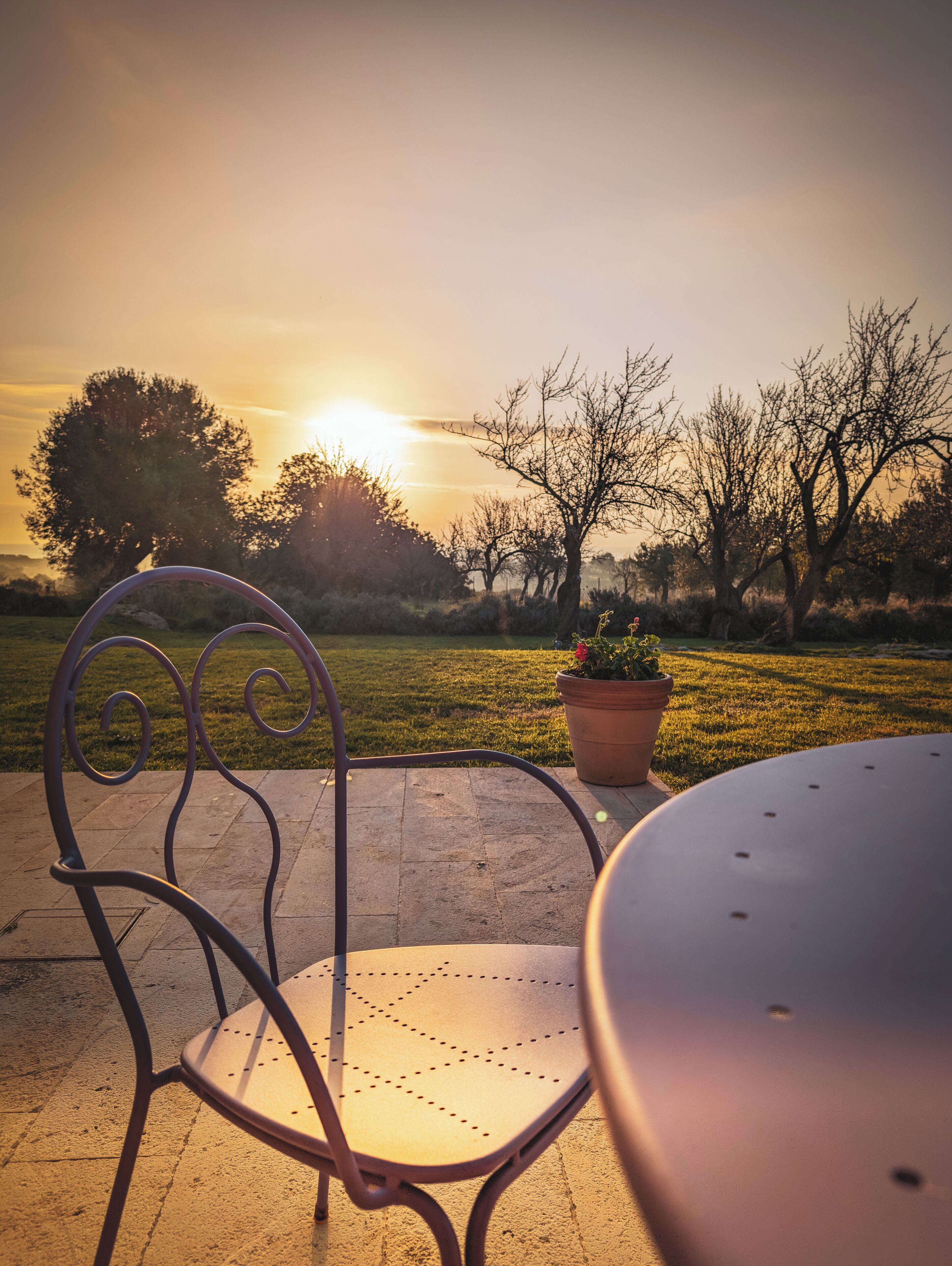 Un espacio al aire libre con asiento de metal, una mesa, una planta en maceta y vistas a los árboles y al atardecer.