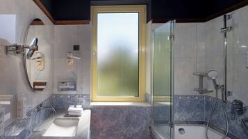 Rainfall showerhead, slippers, towels