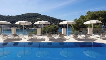 Seasonal outdoor pool, open 8:00 AM to 8:00 PM, pool umbrellas