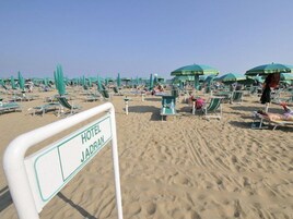 A beach with numerous green umbrellas and lounge chairs, a sign indicating 'HOTEL JADRAN', and a sandy beach area.
