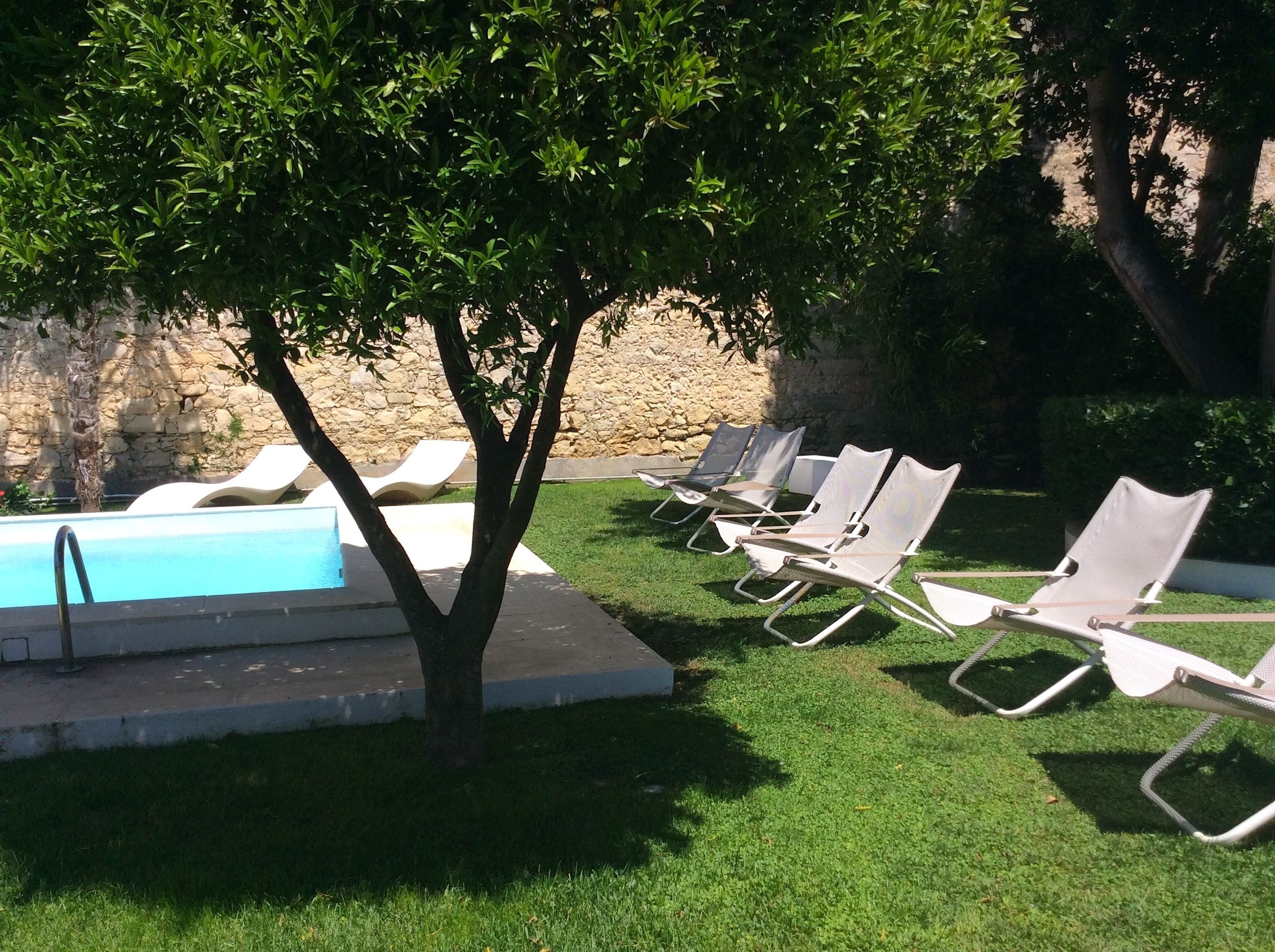 Zona de piscina con muro de piedra, un árbol y varias sillas de descanso.