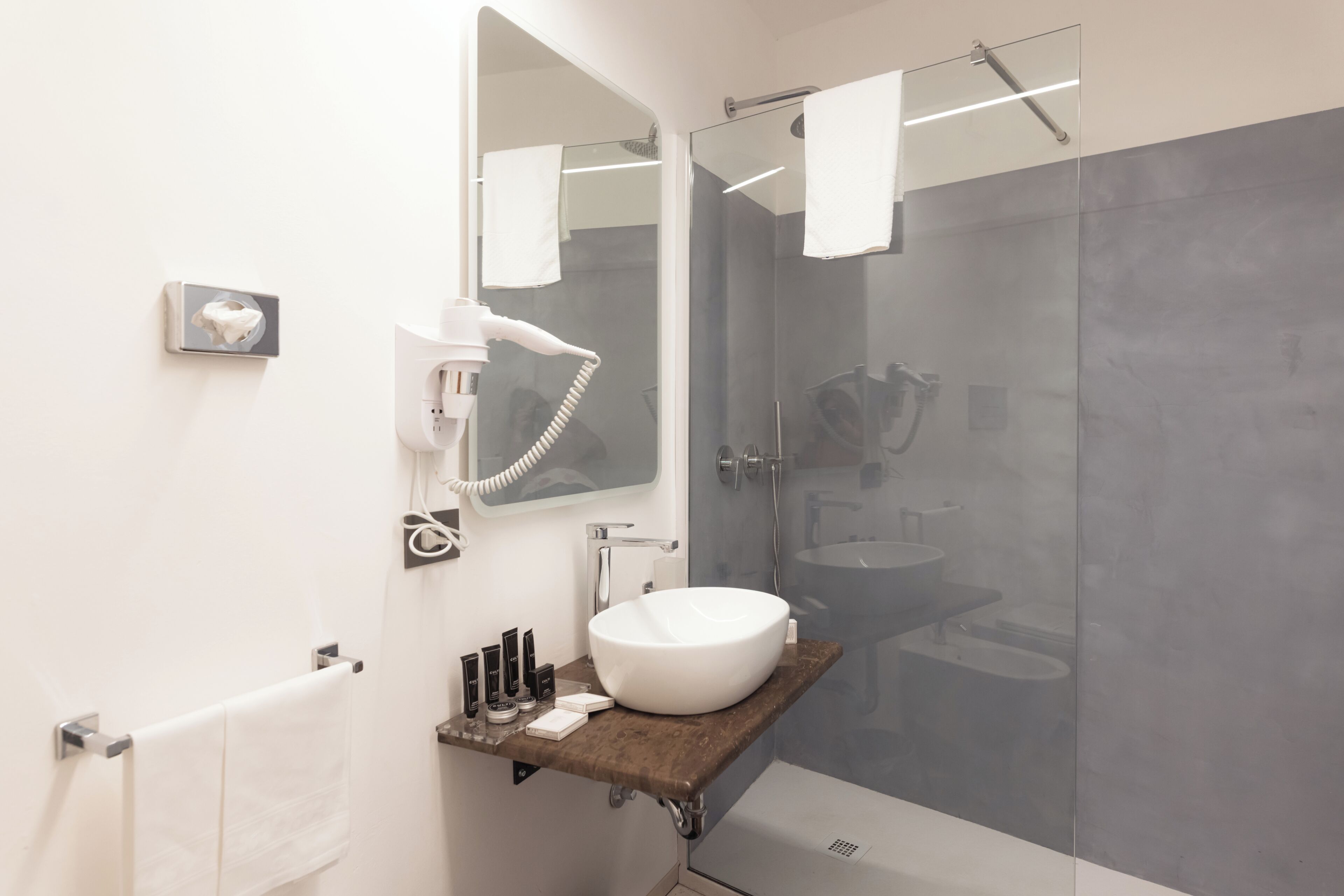 A modern bathroom with a glass shower enclosure, a white sink, and a mirror above the sink.