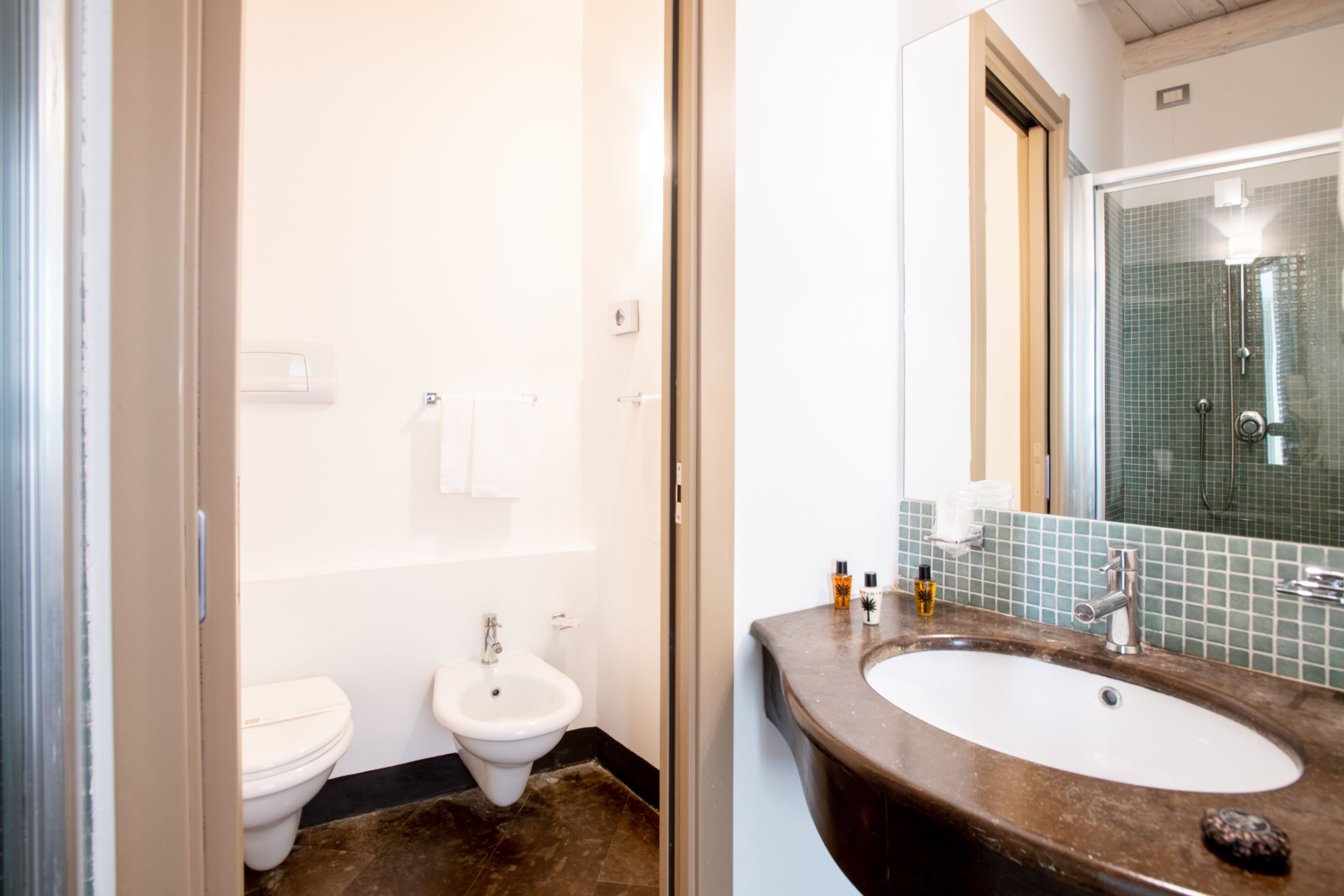 deluxe room | bathroom | shower, rainfall showerhead, free toiletries, hair dryer
