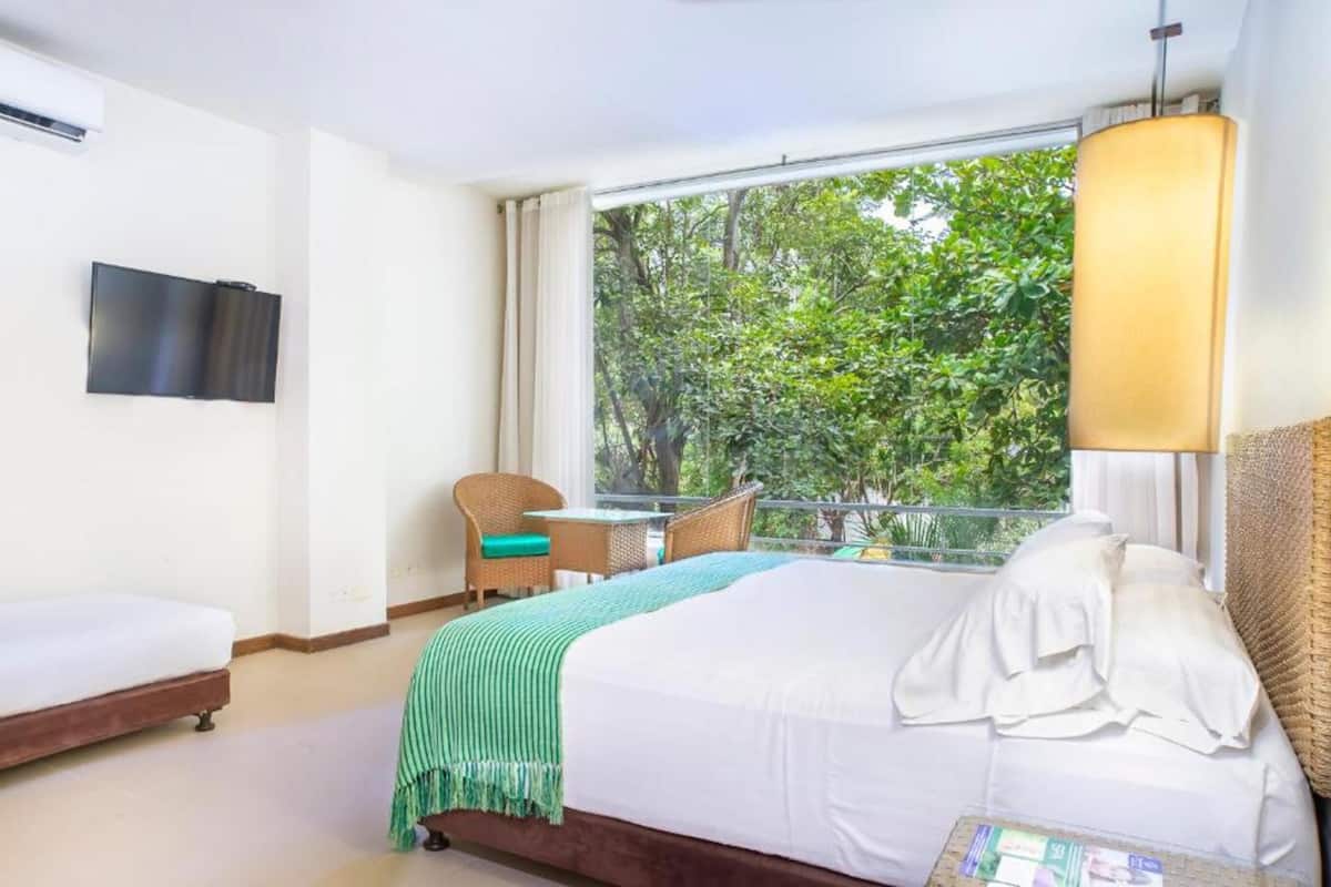Quarto de hotel com cama, cadeira, mesa, televisão e varanda com vista para árvores.