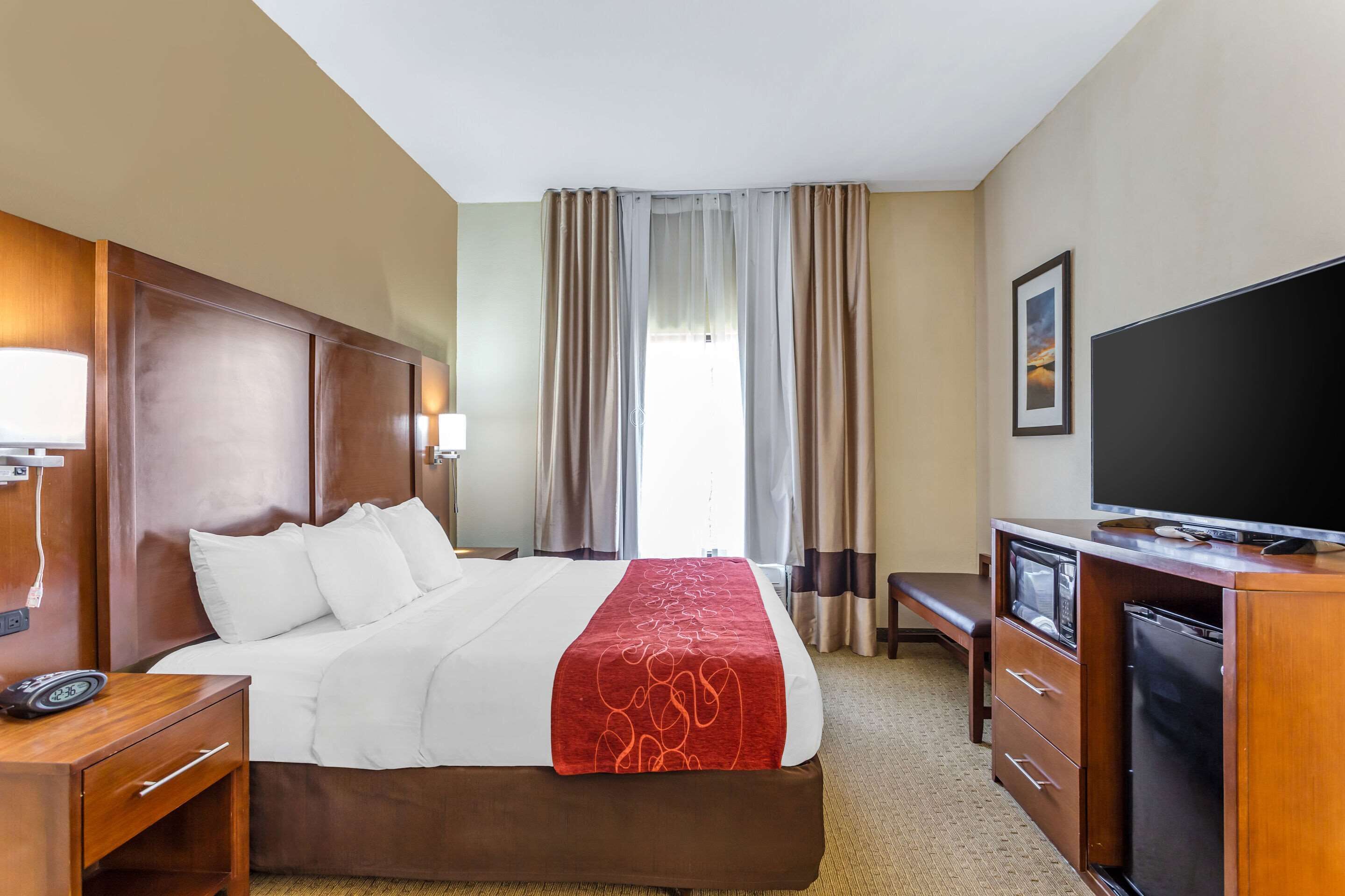 Una camera d'albergo con un letto, una scrivania con una TV a schermo piatto, un forno a microonde e un frigorifero.