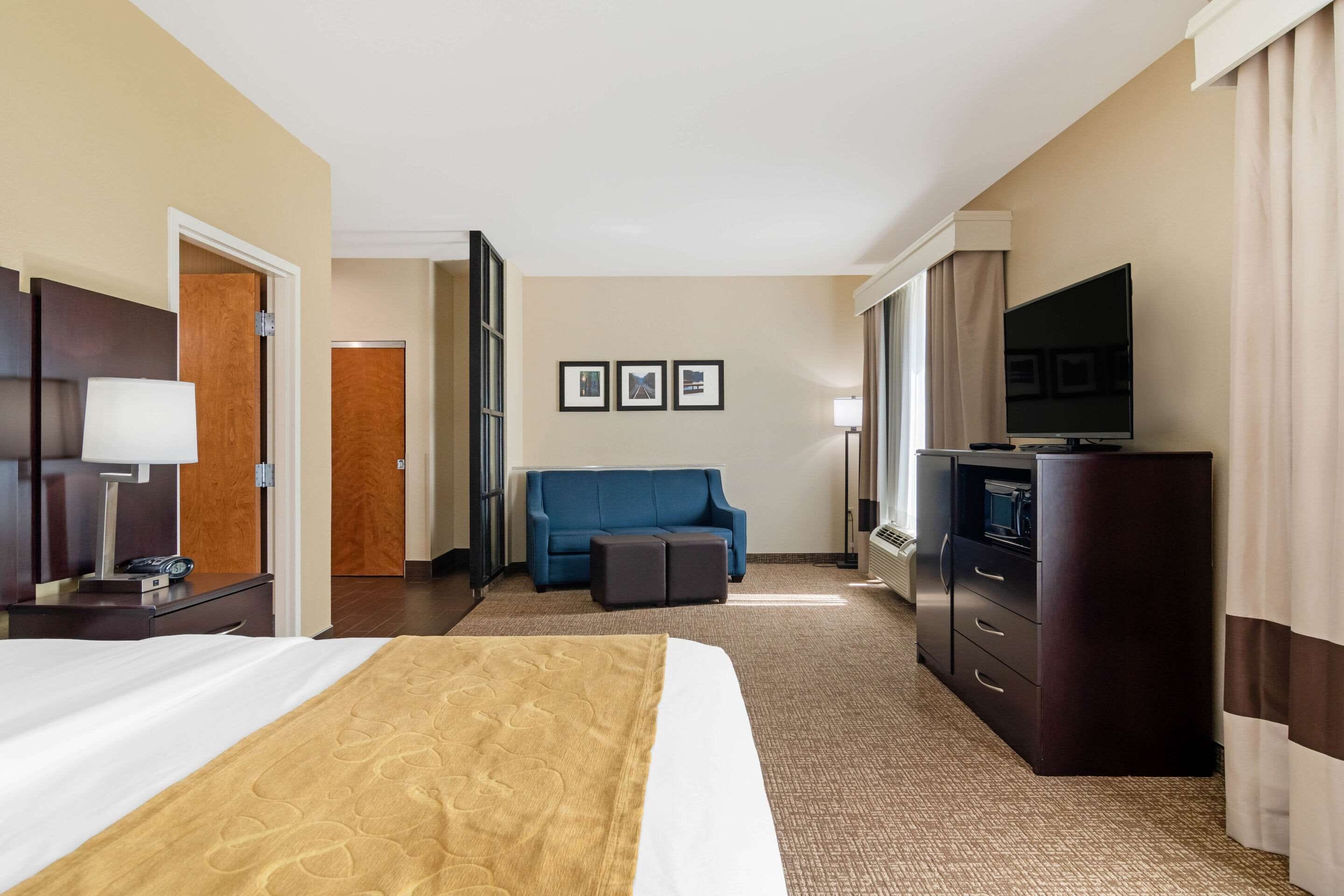 A hotel room with a large bed, a TV, a sofa, and a desk with a lamp.