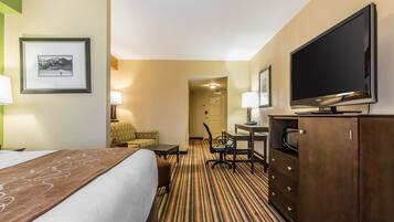 Una habitación de hotel con cama, televisión, escritorio y silla.