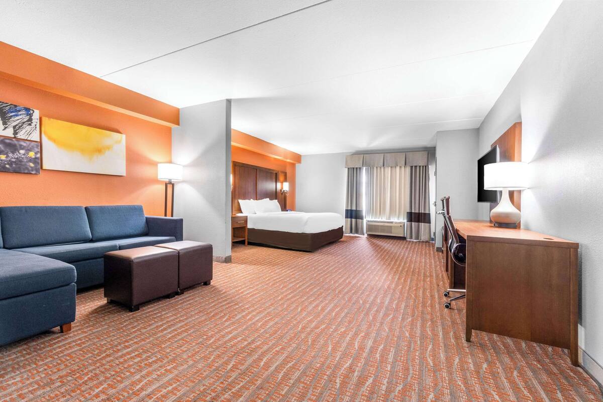 A hotel room with a bed, a sofa, a desk, and a chair.