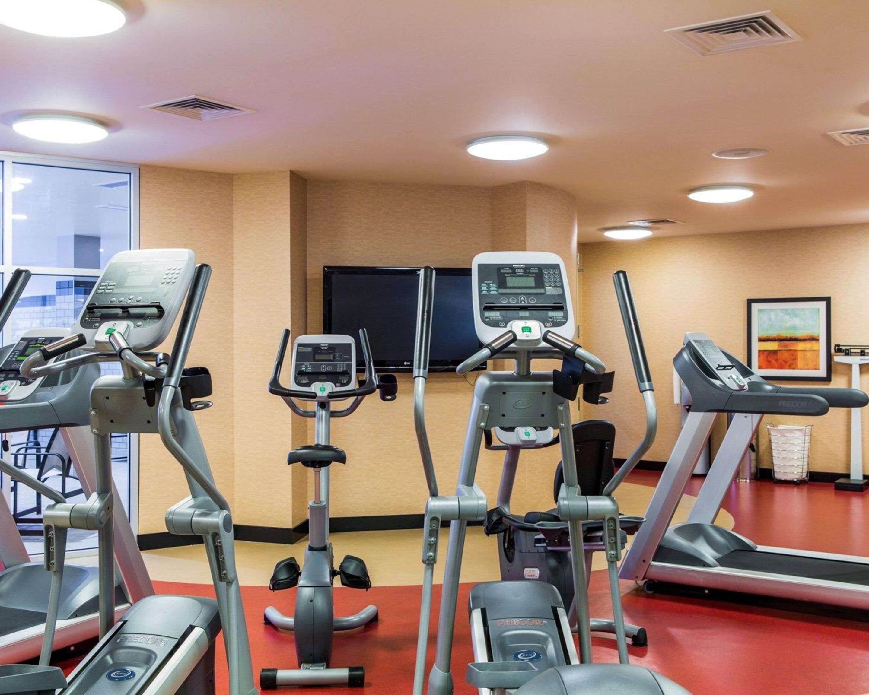 A gym with treadmills, elliptical machines, and a TV screen.
