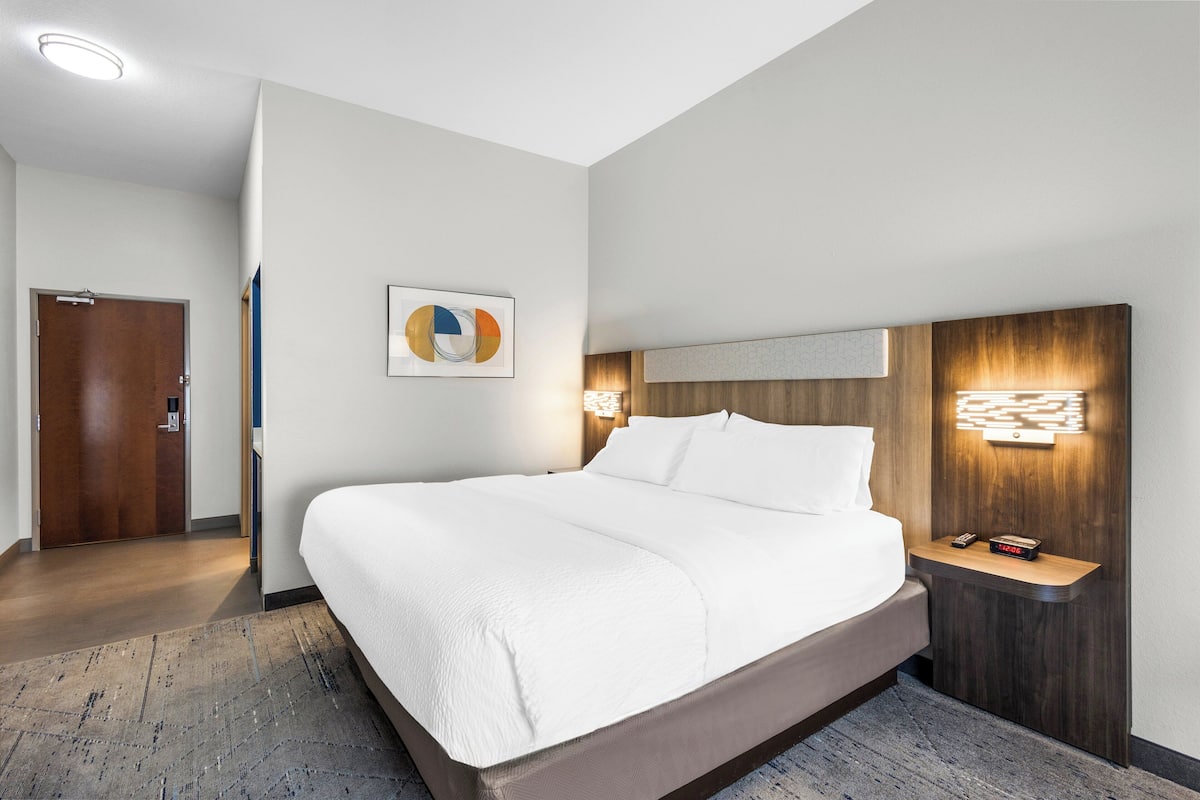 Una habitación de hotel moderna con una cama grande, un cabecero de madera, una mesita de noche con una lámpara y una obra de arte colgada en la pared.