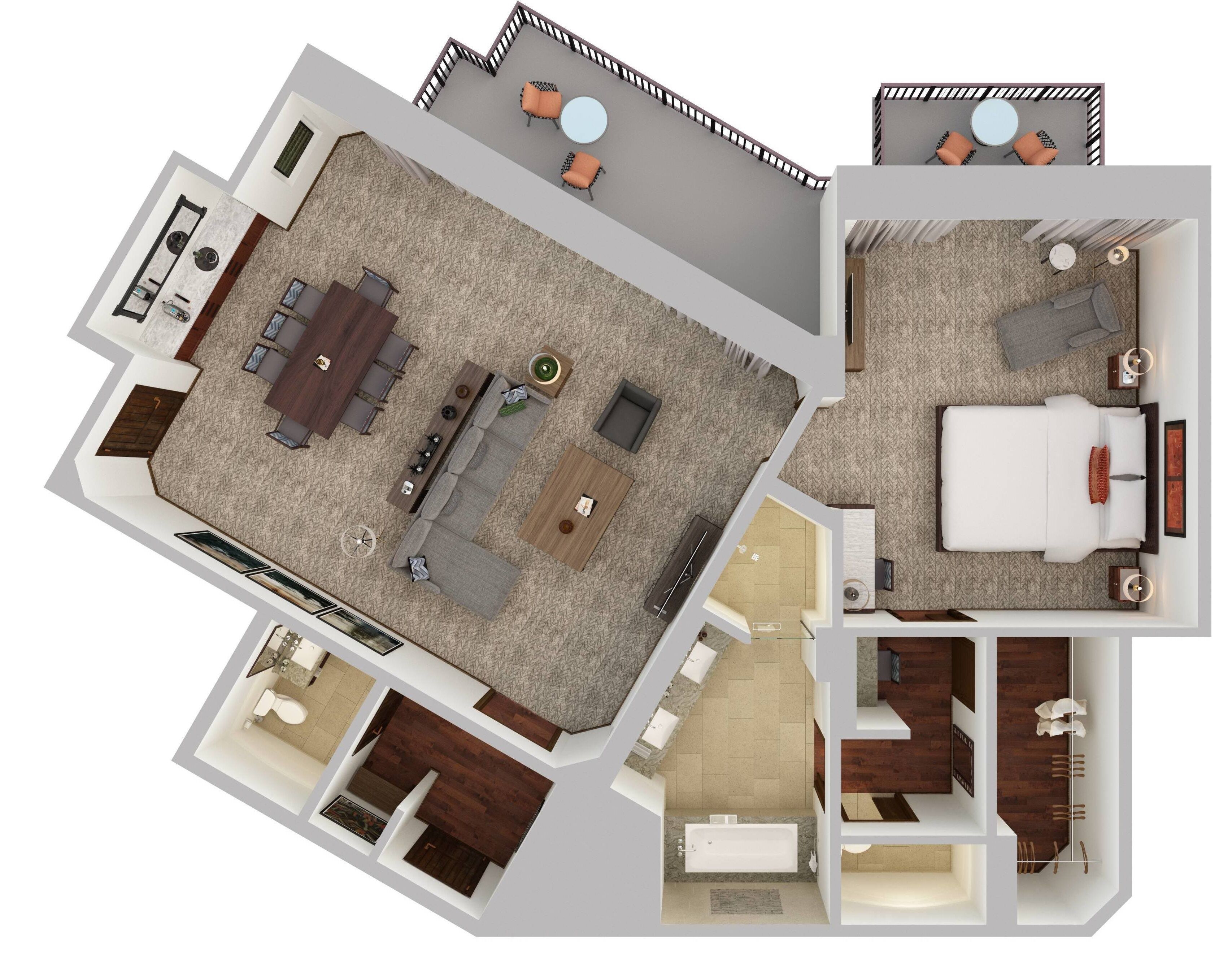 Distribución de una habitación de hotel con cama, zona de estar con sofá y mesa de centro, baño con ducha e inodoro, y un pequeño balcón.