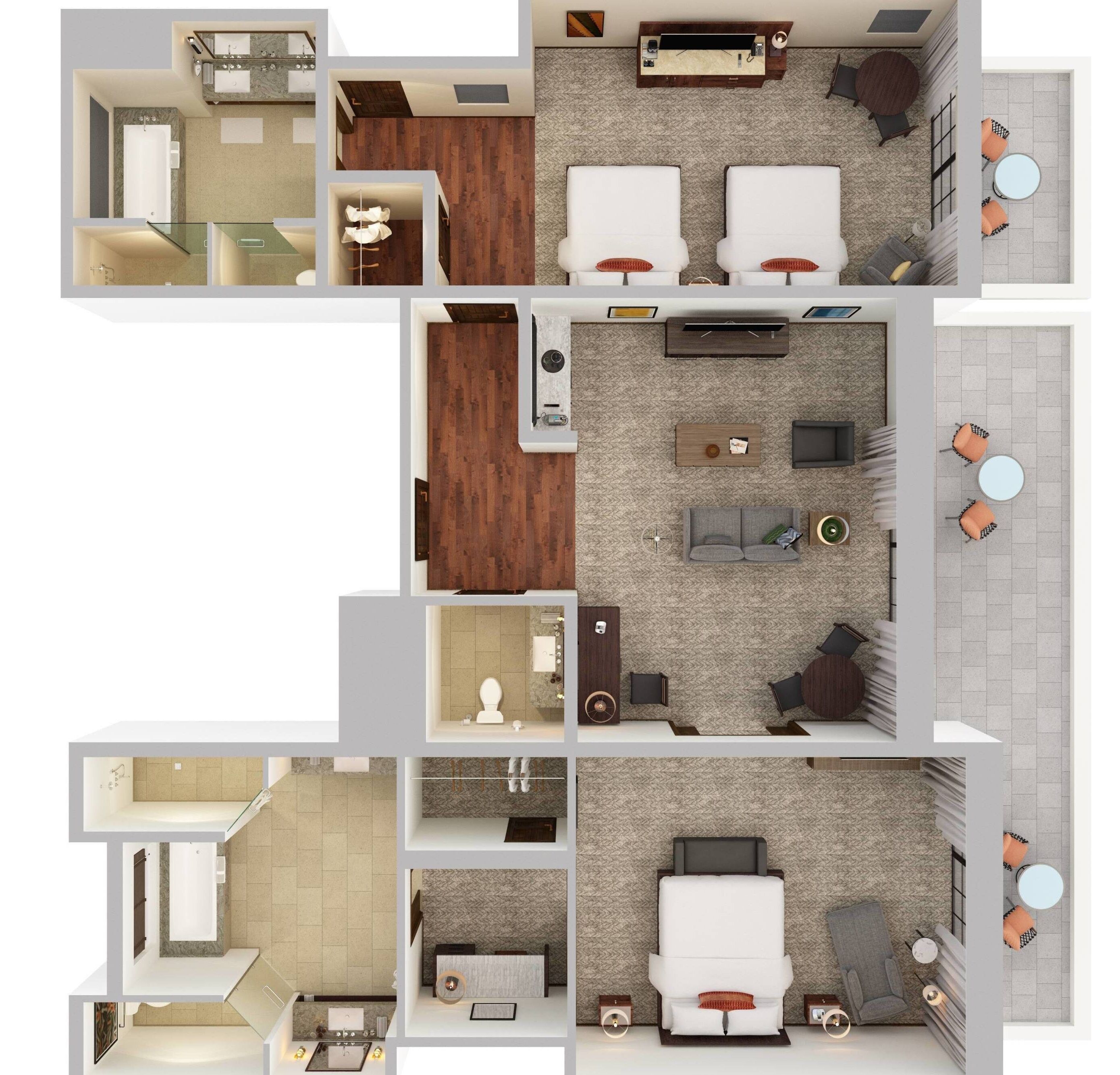 Un plan d’aménagement de chambre d’hôtel comprenant une salle de bain, un espace salon avec un canapé et des fauteuils, un coin repas avec une table et des chaises, et une petite cuisine.
