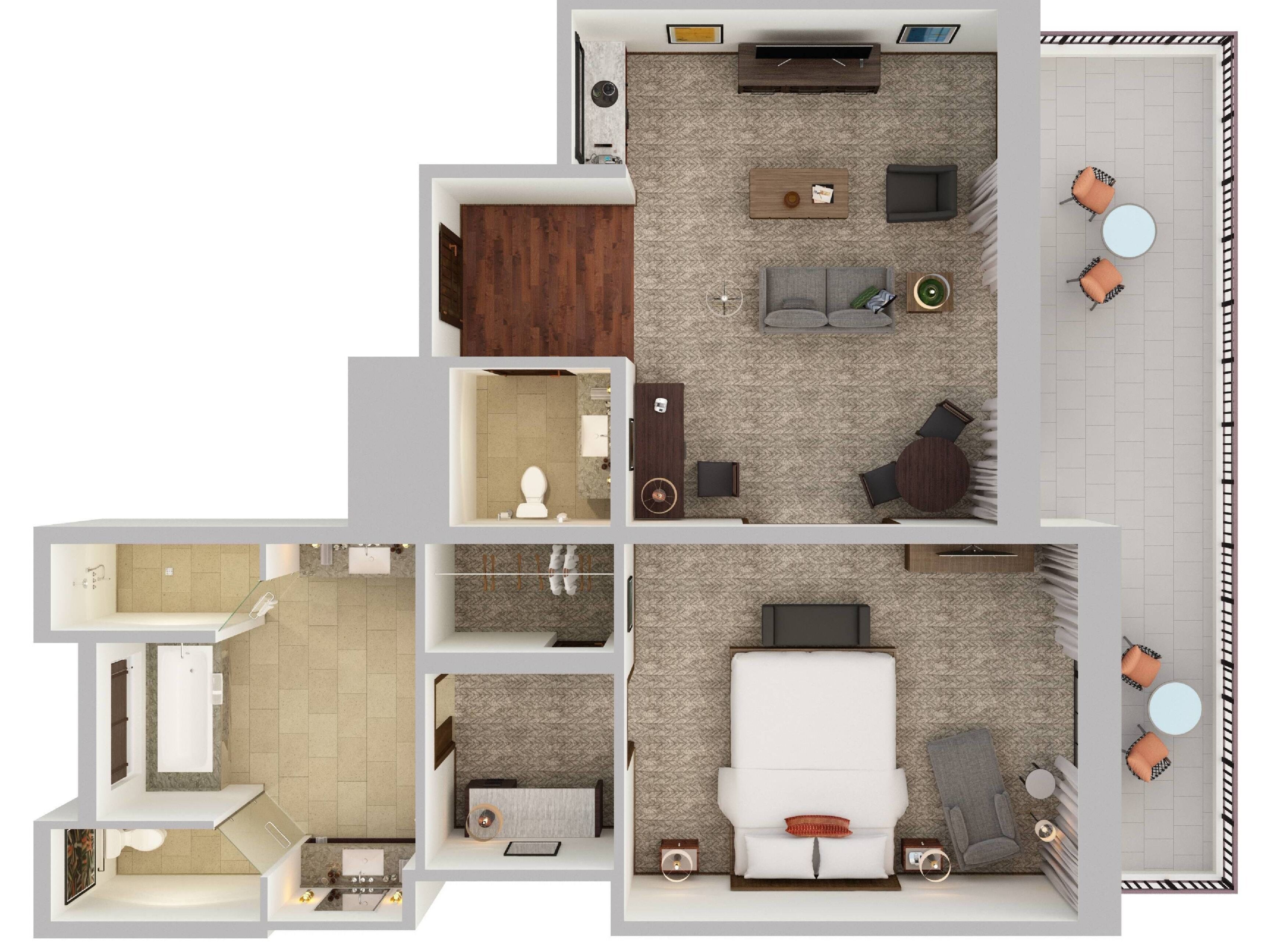 A hotel layout with multiple rooms, a living area with a sofa and coffee table, a dining area with a table and chairs, and a bathroom with a bathtub and toilet.