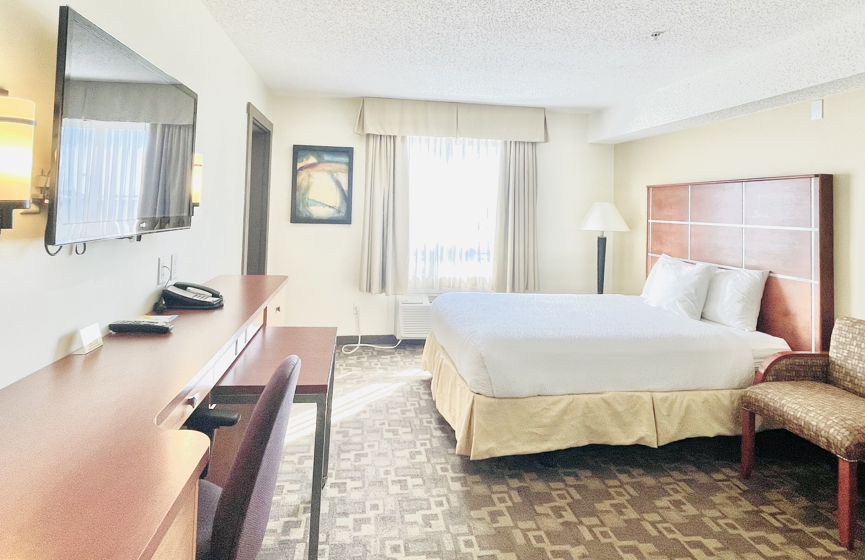 A hotel room with a bed, a desk, a chair, a television, and a window with curtains.