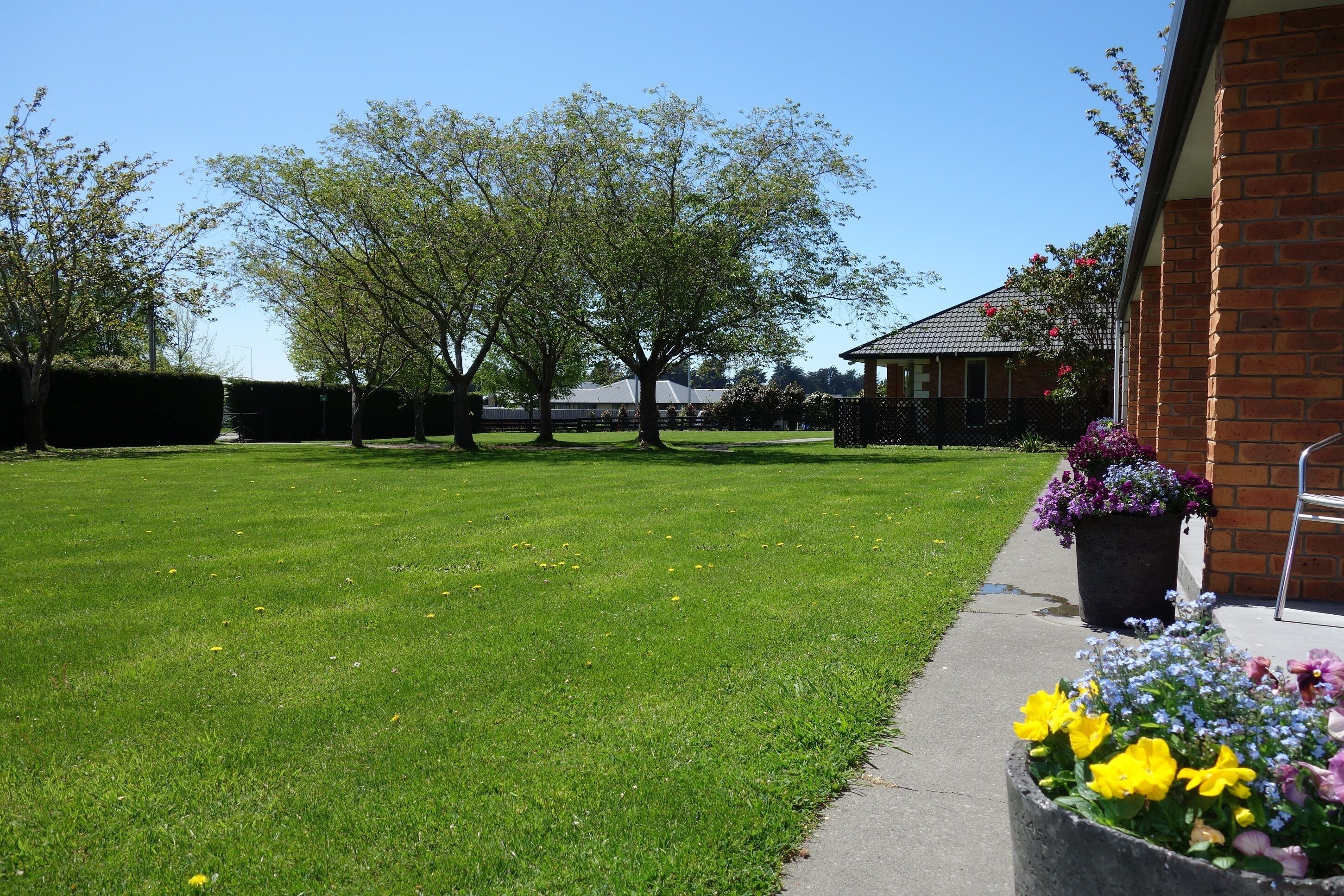 A well-maintained lawn with a pathway leading to a building with a brick facade.
