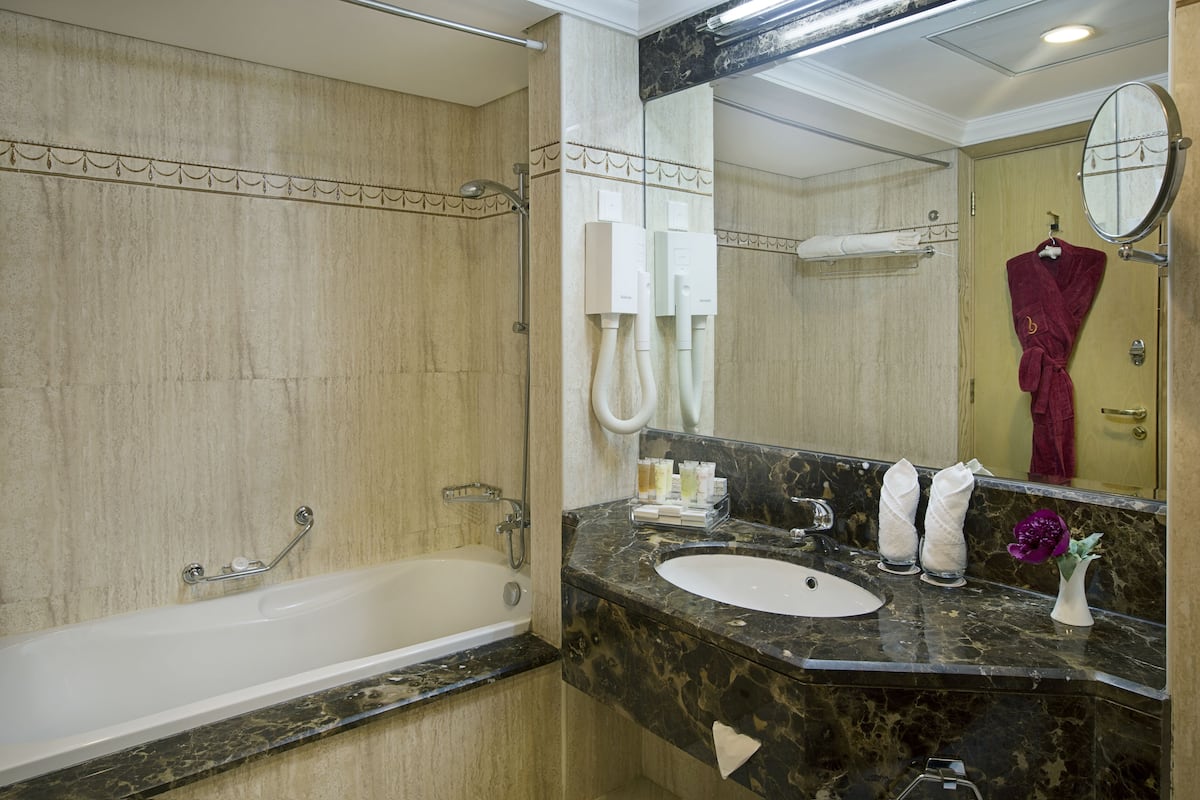 Combined shower/bathtub, free toiletries, hair dryer, bathrobes