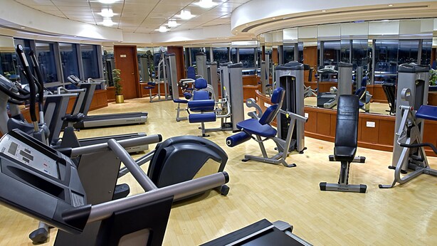 A gym with various exercise machines, a treadmill, and a mirrored wall.