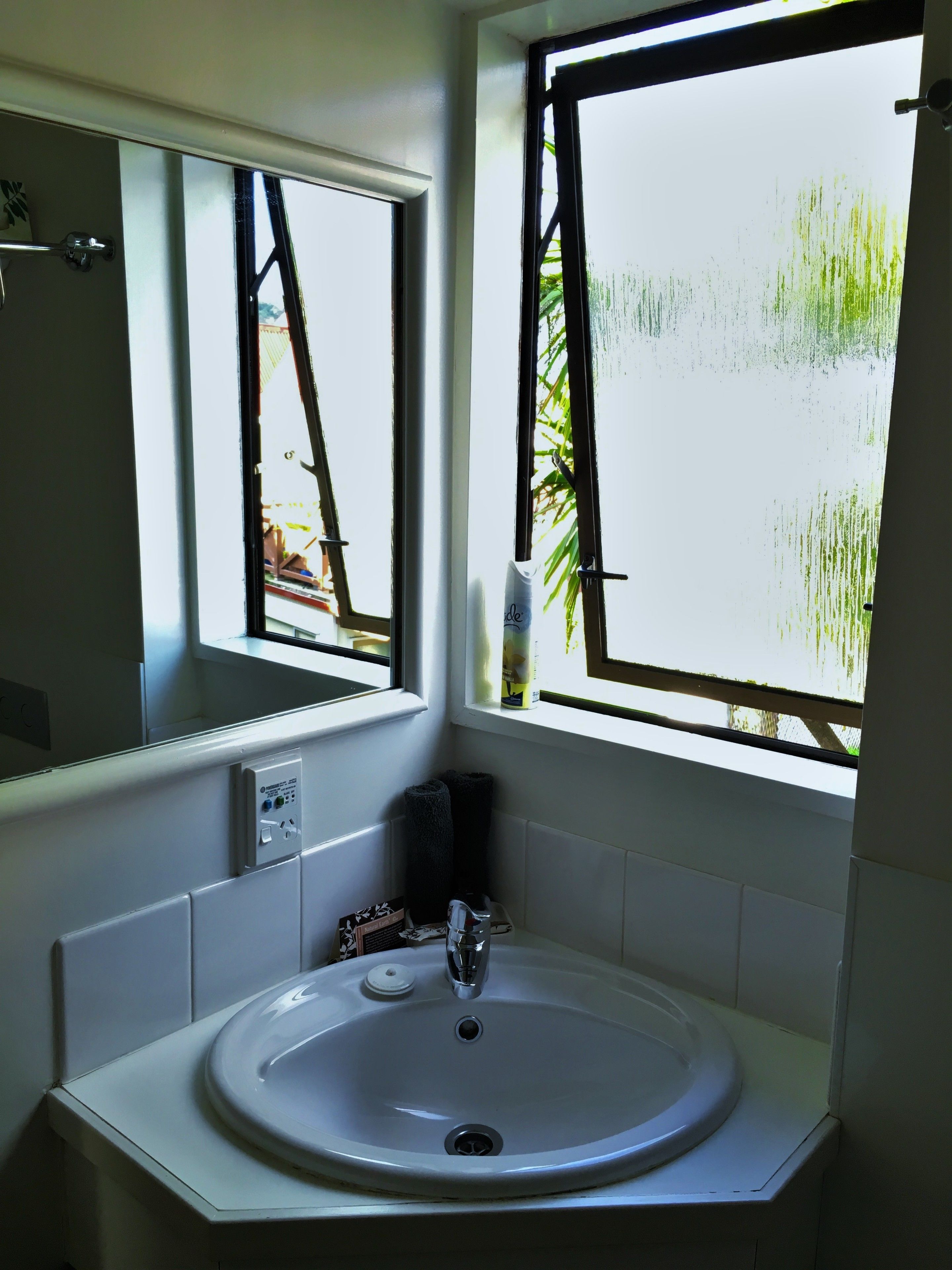 Un bagno con lavandino bianco, uno specchio e una finestra che si affaccia sul verde.