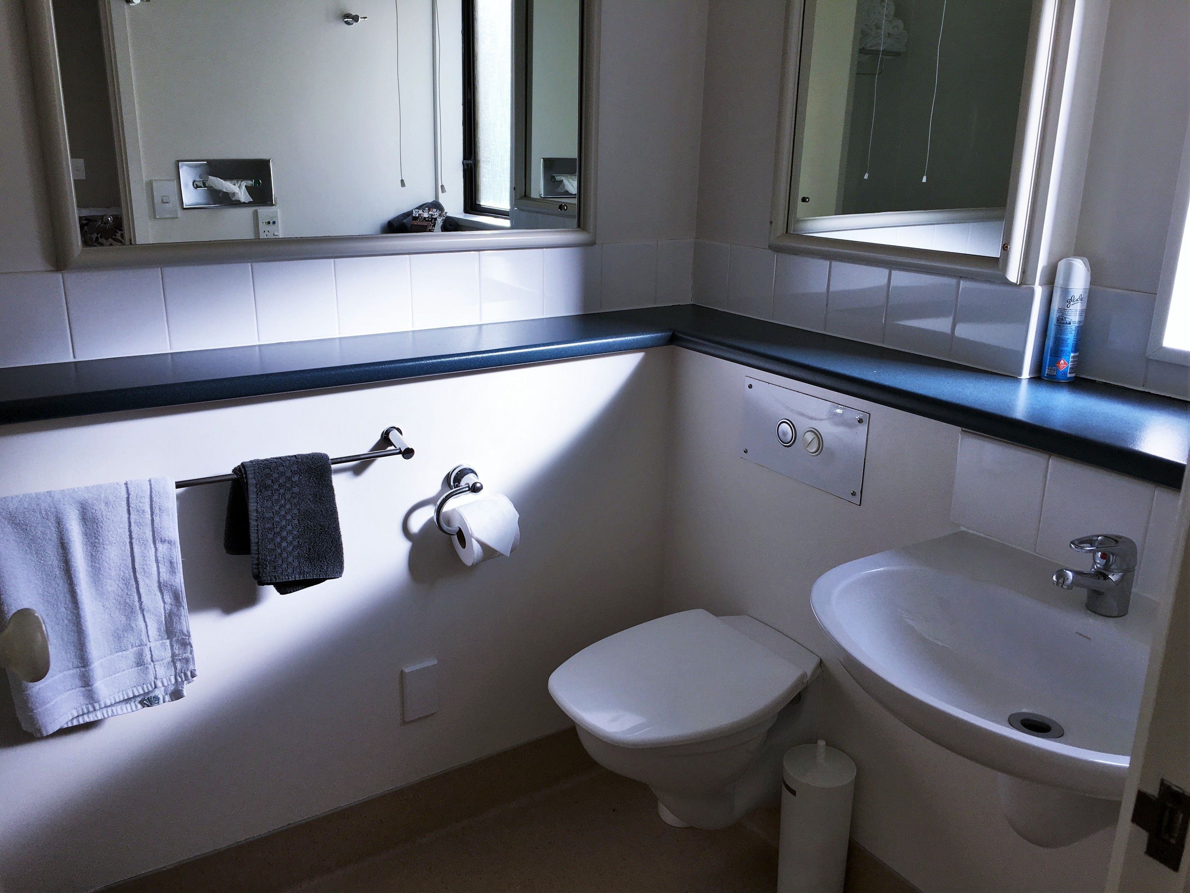 A bathroom with a toilet, sink, towel rack, and mirrors.