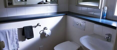 A bathroom with a toilet, sink, towel rack, and mirrors.