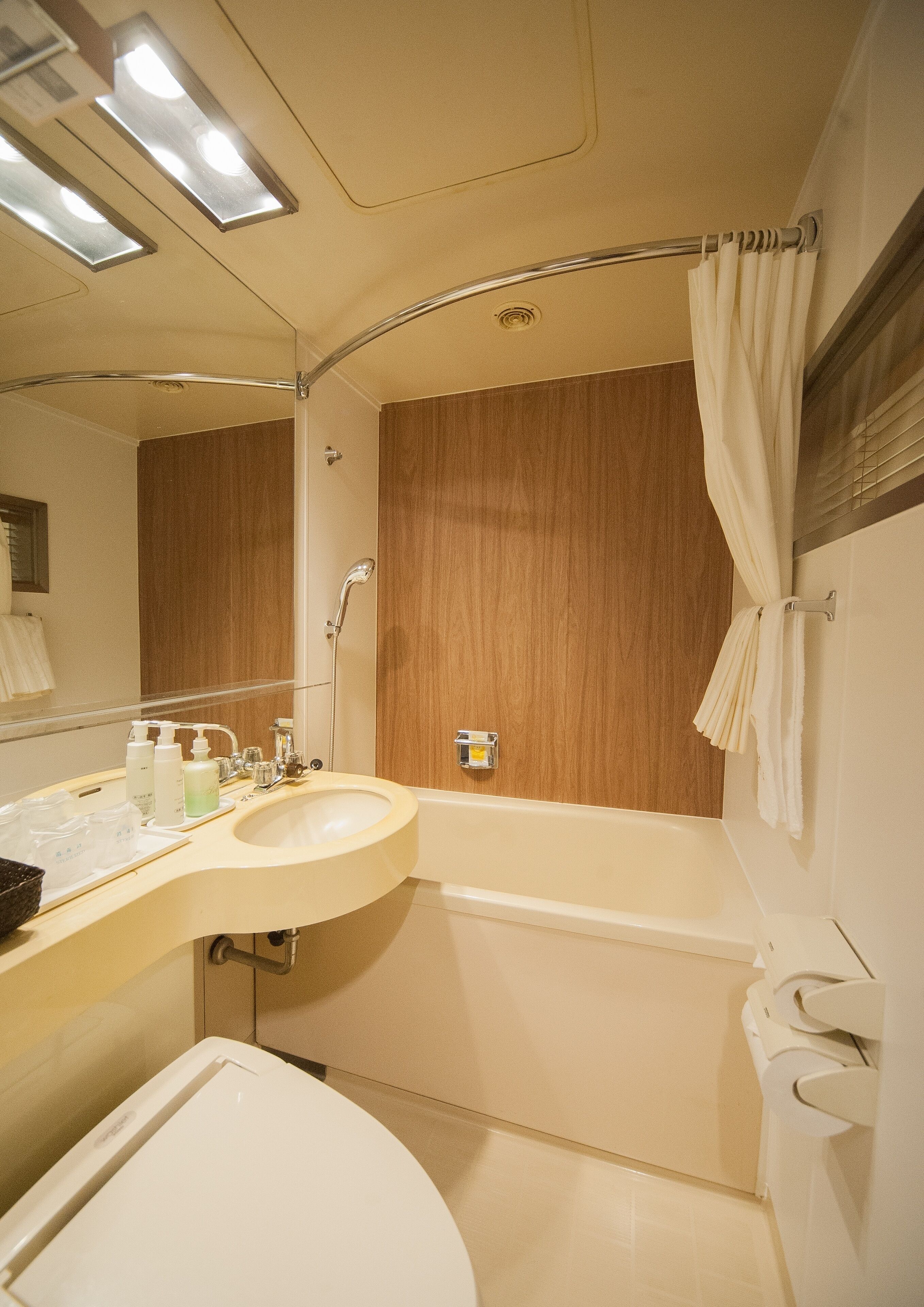 Een badkamer met een wastafel, spiegel, douche en toilet.