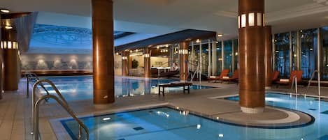 Indoor pool, open 9:00 AM to 9:00 PM, sun loungers