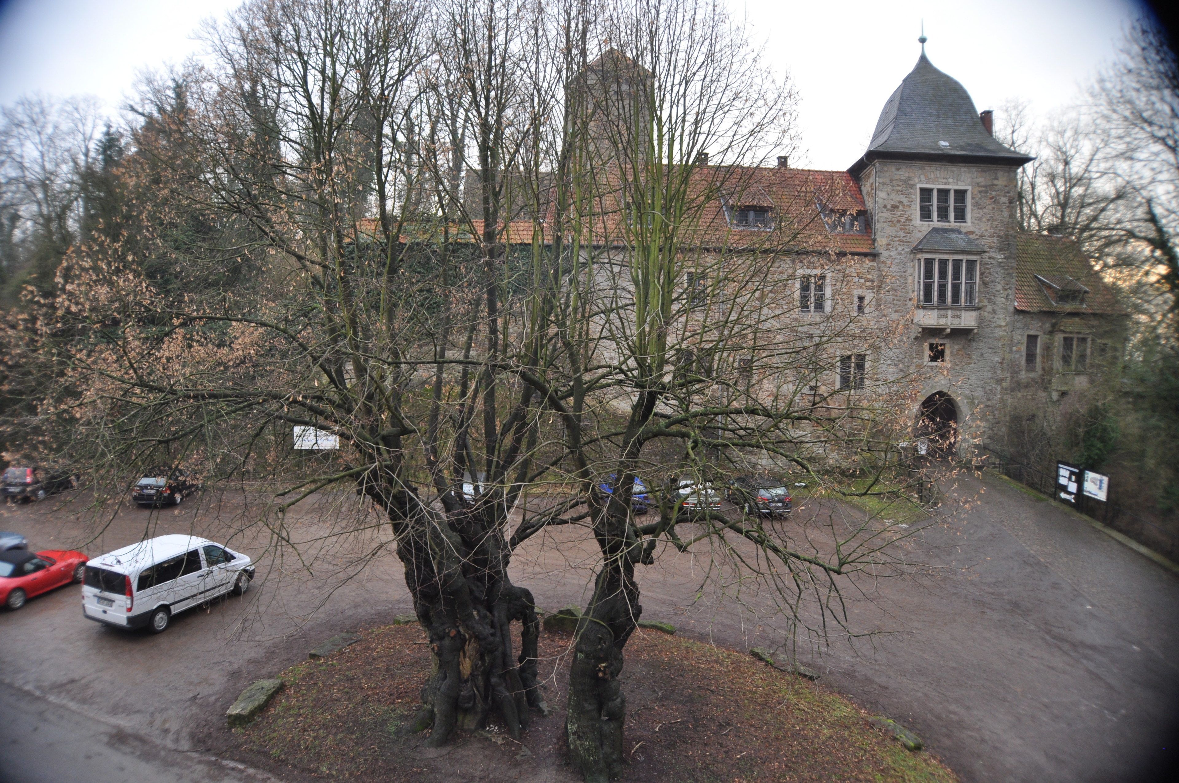 A stone building with a tower, parked cars, and leafless trees.