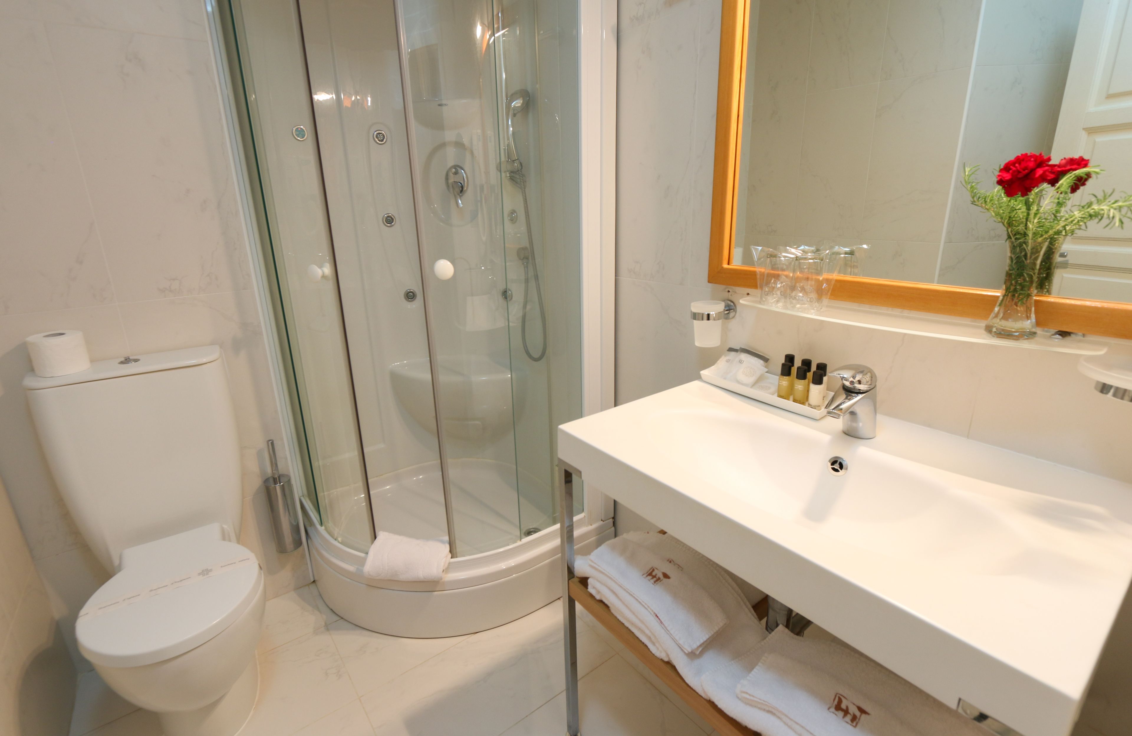 standard double room | bathroom | shower, hair dryer, towels, soap