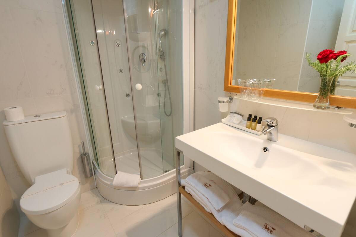 standard double room | bathroom | shower, hair dryer, towels, soap