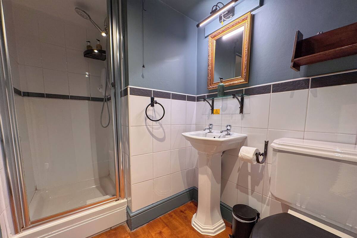 A bathroom with a glass-enclosed shower, a pedestal sink, a toilet, and a mirror with an ornate frame.