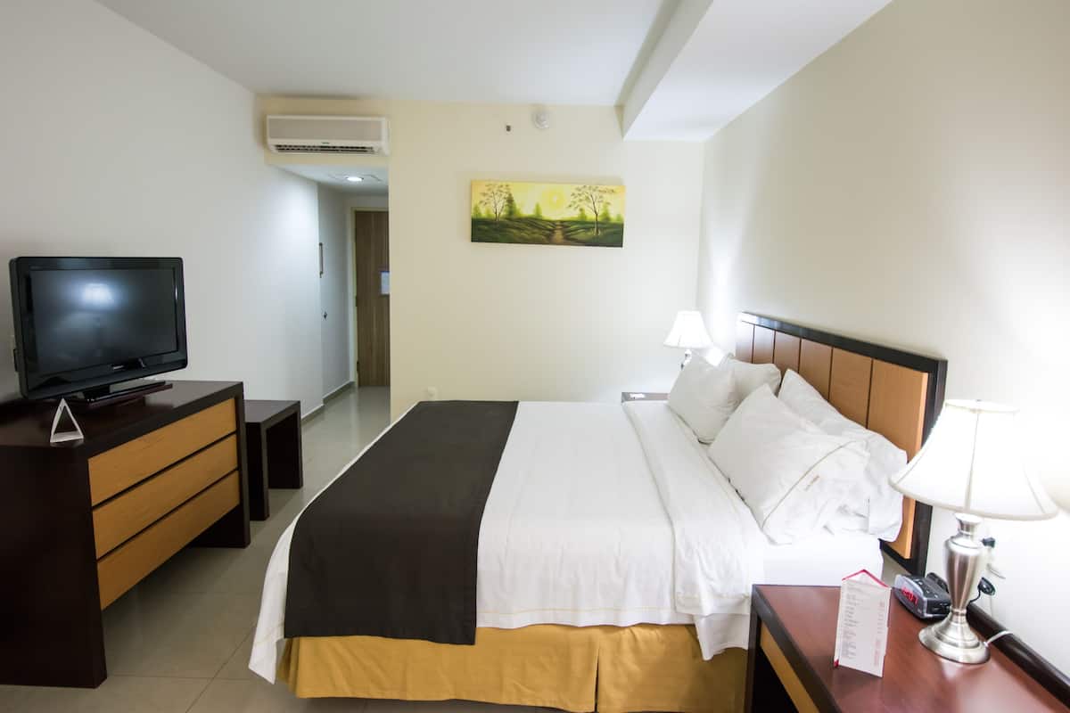 Une chambre d’hôtel avec un lit, une table de chevet, une lampe, une télévision et un tableau au mur.