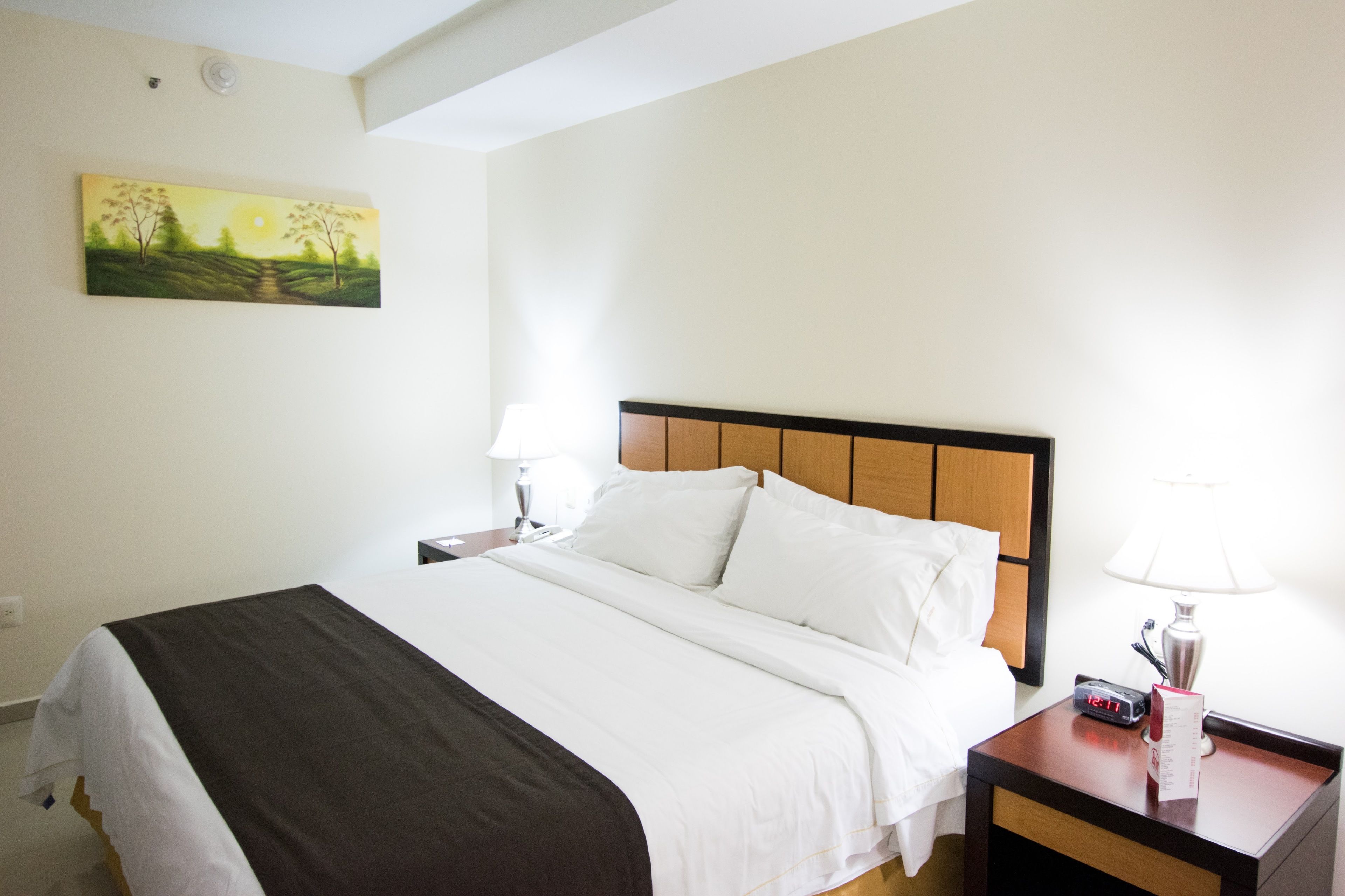 Una habitación de hotel con cama, mesita de noche y un cuadro en la pared.