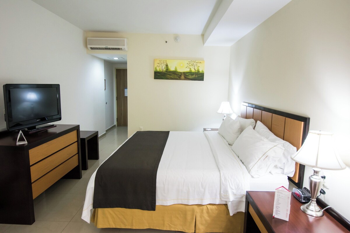 Une chambre d’hôtel avec un lit, un téléviseur posé sur une commode, un tableau accroché au mur et une lampe sur la table de chevet.