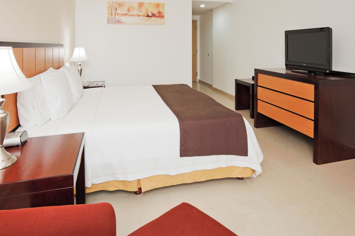 Une chambre d’hôtel avec un lit, une table de chevet, une lampe, une télévision, une commode et un tableau au mur.