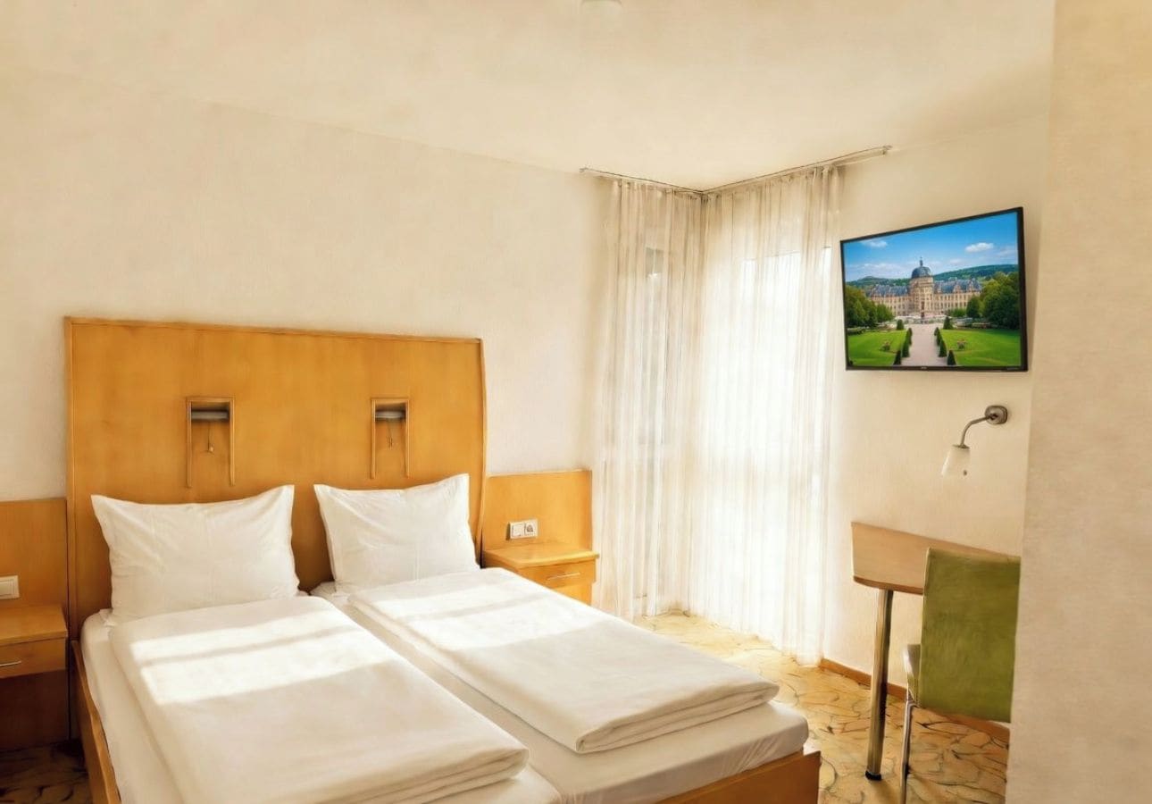 Habitación de hotel con una cama doble, una mesita de noche, una silla, un escritorio y un televisor montado en la pared.