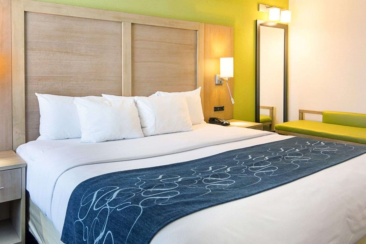 Hotelkamer met een groot bed, nachtkastje, spiegel en een groene muur.