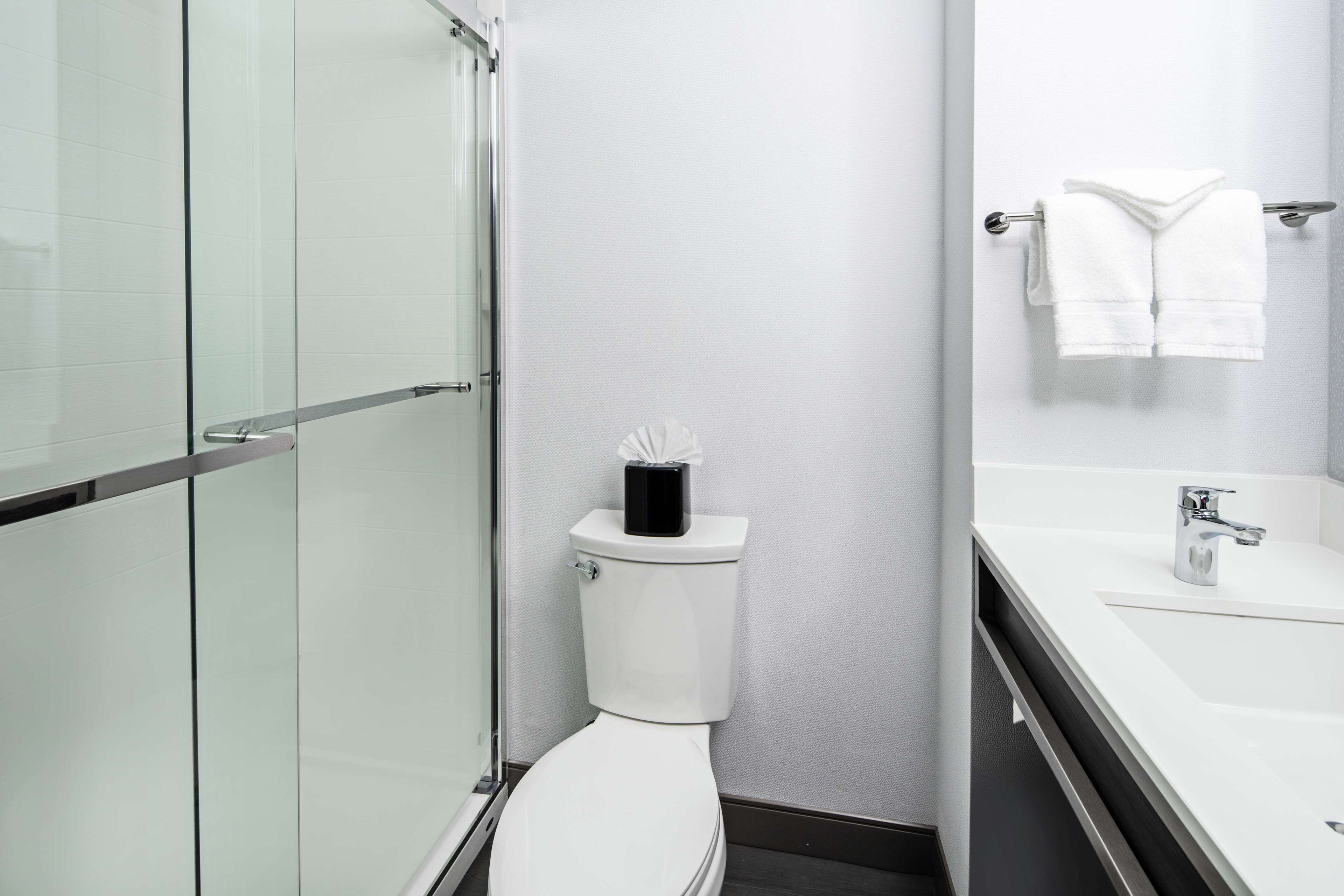 A modern bathroom with a glass shower enclosure, a white toilet, and a sink with a mirror.