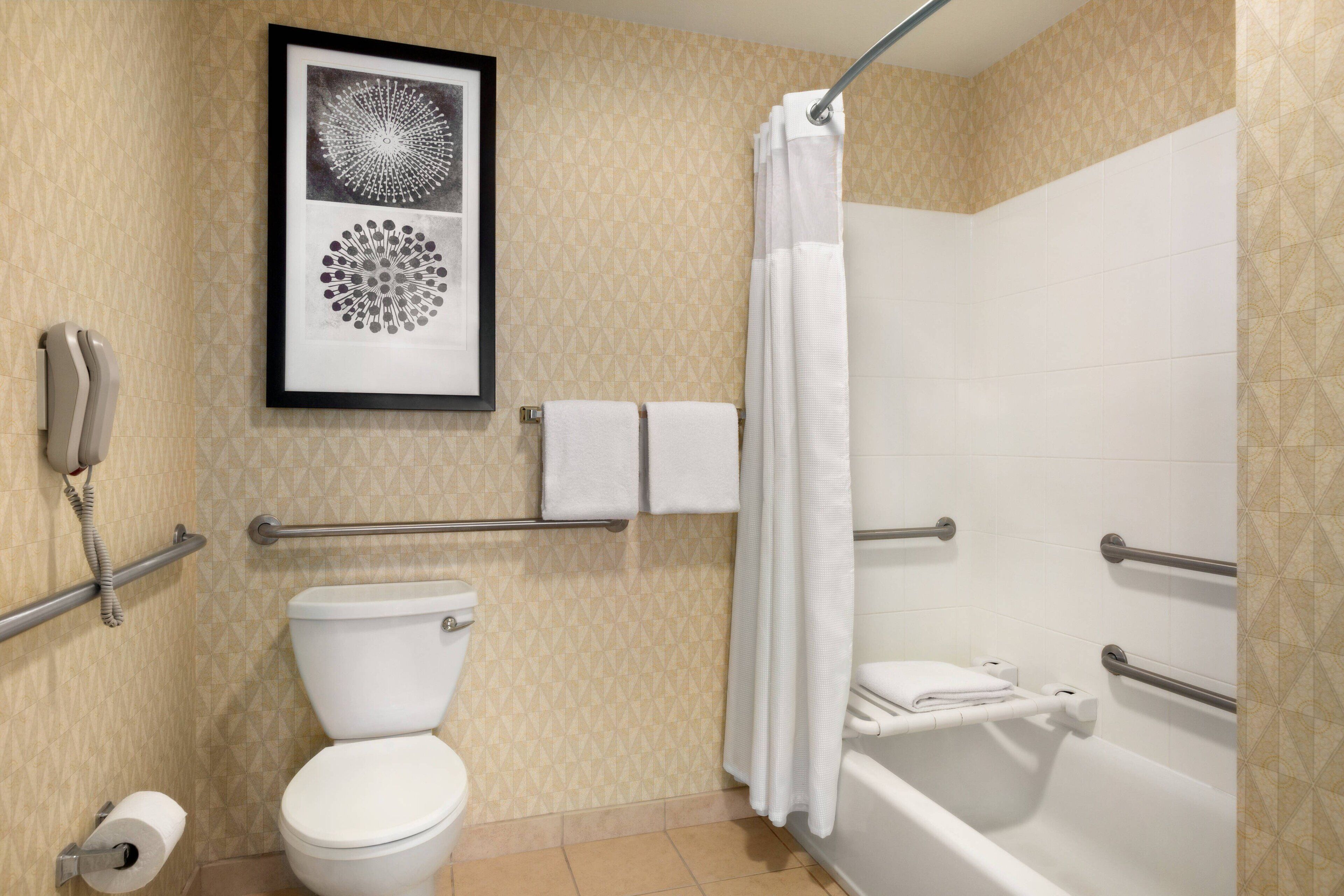 combined shower/bathtub, free toiletries, hair dryer, towels