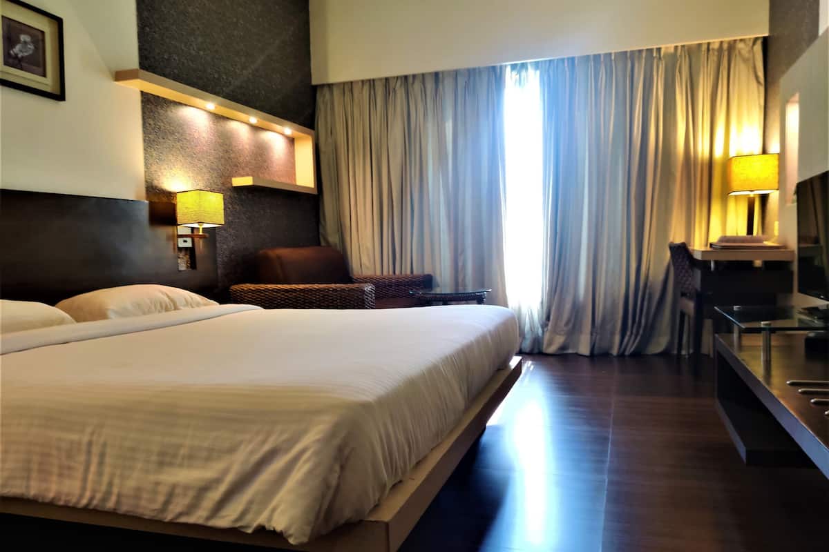 A hotel room with a large bed, a chair, a desk, and a TV.