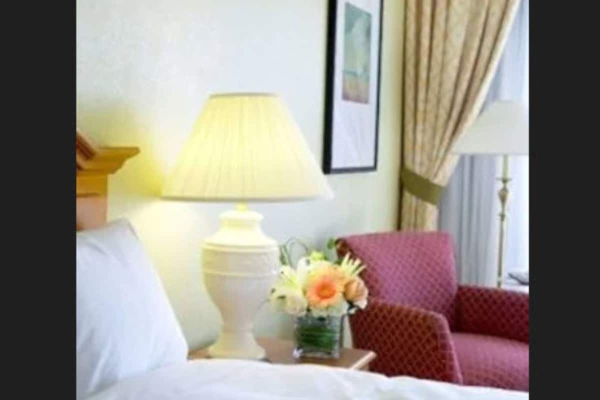 A hotel room with a bed, a nightstand with a lamp, a vase with flowers, and a red armchair.