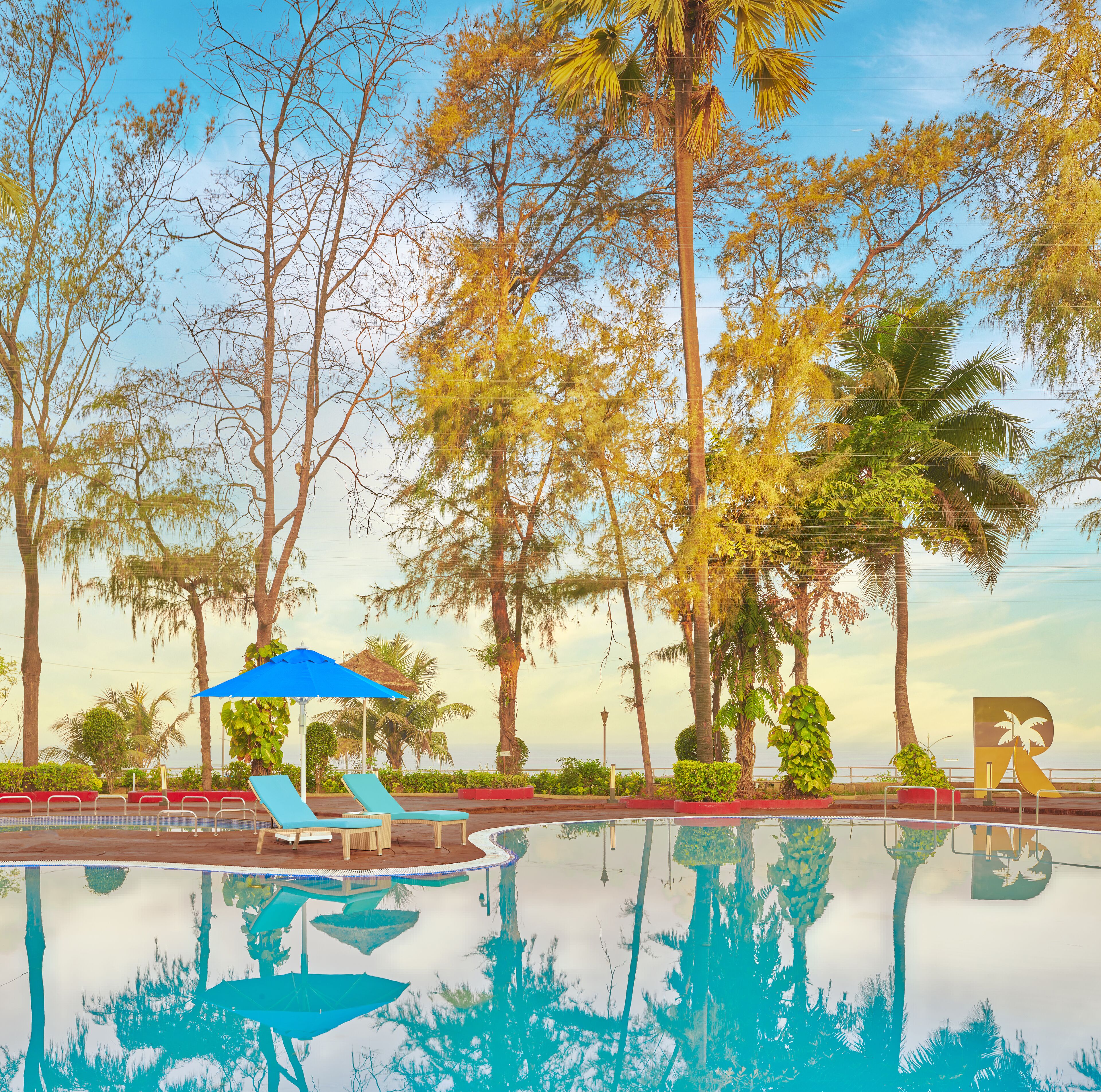 Zona de piscina con sillas de descanso y sombrillas, rodeada de árboles altos y un cielo despejado.