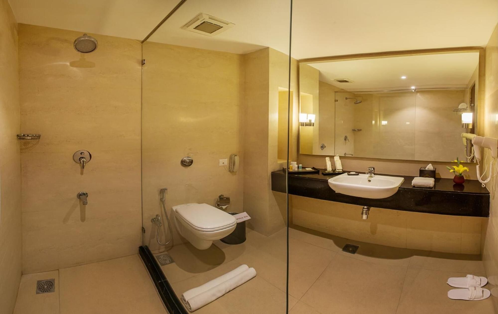 Un baño de hotel con ducha envuelta en vidrio, inodoro blanco, lavamanos con espejo y teléfono.