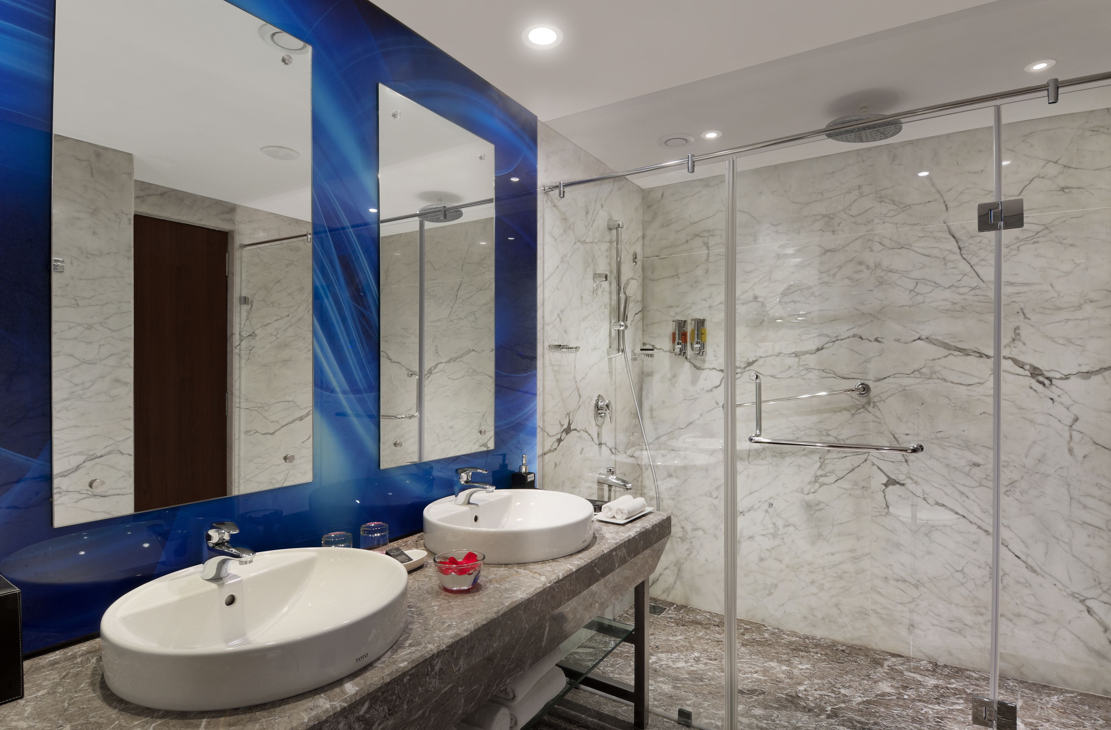 shower, rainfall showerhead, designer toiletries, hair dryer